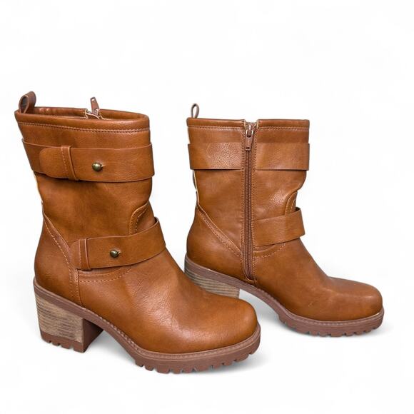 Mudd Brown Moto Boots Size 8 Mid Calf Chunky Heel Fall Western Cabincore Grunge - Picture 1 of 8